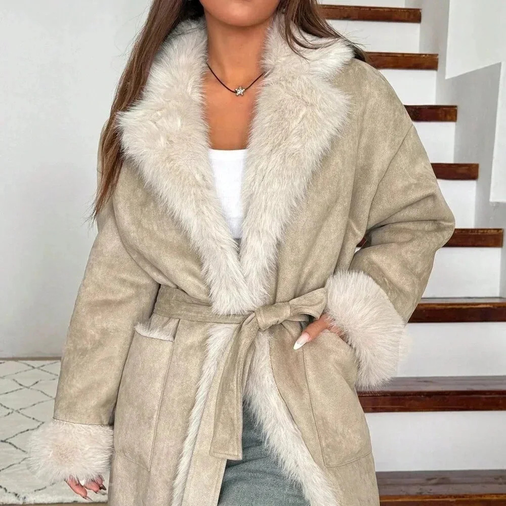 Beige Casual Women's Fuzzy Patchwork Long Sleeve Front Tie Pocket Jacket - Picture 4 of 7